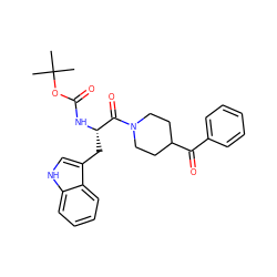 CC(C)(C)OC(=O)N[C@@H](Cc1c[nH]c2ccccc12)C(=O)N1CCC(C(=O)c2ccccc2)CC1 ZINC000026829577