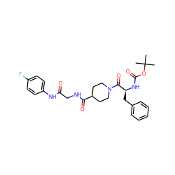 CC(C)(C)OC(=O)N[C@@H](Cc1ccccc1)C(=O)N1CCC(C(=O)NCC(=O)Nc2ccc(F)cc2)CC1 ZINC000009130189