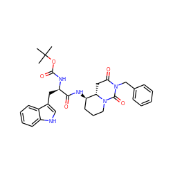 CC(C)(C)OC(=O)N[C@H](Cc1c[nH]c2ccccc12)C(=O)N[C@@H]1CCCN2C(=O)N(Cc3ccccc3)C(=O)C[C@@H]12 ZINC000027089190