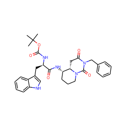 CC(C)(C)OC(=O)N[C@H](Cc1c[nH]c2ccccc12)C(=O)N[C@H]1CCCN2C(=O)N(Cc3ccccc3)C(=O)C[C@@H]12 ZINC000027075369