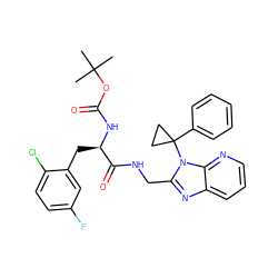 CC(C)(C)OC(=O)N[C@H](Cc1cc(F)ccc1Cl)C(=O)NCc1nc2cccnc2n1C1(c2ccccc2)CC1 ZINC000029039545