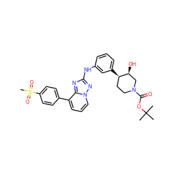 CC(C)(C)OC(=O)N1CC[C@@H](c2cccc(Nc3nc4c(-c5ccc(S(C)(=O)=O)cc5)cccn4n3)c2)[C@@H](O)C1 ZINC000096169707