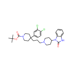 CC(C)(C)OC(=O)N1CCC(CCCN2CCC(n3c(=O)[nH]c4ccccc43)CC2)(c2ccc(Cl)c(Cl)c2)CC1 ZINC000049881617