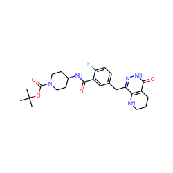 CC(C)(C)OC(=O)N1CCC(NC(=O)c2cc(Cc3n[nH]c(=O)c4c3NCCC4)ccc2F)CC1 ZINC000140413724