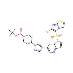 CC(C)(C)OC(=O)N1CCC(n2cc(-c3cnc4ccn(S(=O)(=O)c5c(Cl)nc6sccn56)c4c3)cn2)CC1 ZINC000043009161