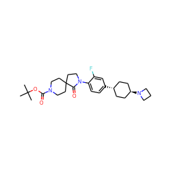 CC(C)(C)OC(=O)N1CCC2(CC1)CCN(c1ccc([C@H]3CC[C@H](N4CCC4)CC3)cc1F)C2=O ZINC001772597055