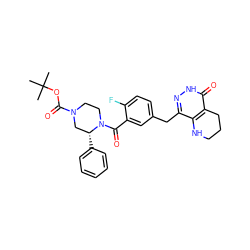 CC(C)(C)OC(=O)N1CCN(C(=O)c2cc(Cc3n[nH]c(=O)c4c3NCCC4)ccc2F)[C@H](c2ccccc2)C1 ZINC000225562745