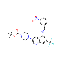 CC(C)(C)OC(=O)N1CCN(c2cnc3cc(C(F)(F)F)cc(NCc4cccc([N+](=O)[O-])c4)c3c2)CC1 ZINC000071318472