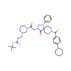 CC(C)(C)OC(=O)NC[C@@H]1CCCN(C(=O)CN2CN(c3ccccc3)C3(CCN(C(=O)c4ccc(C5CCCCC5)cc4)CC3)C2=O)C1 ZINC000072115318