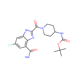 CC(C)(C)OC(=O)NC1CCN(C(=O)c2nc3c(C(N)=O)cc(F)cc3[nH]2)CC1 ZINC001772583388