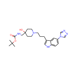 CC(C)(C)OC(=O)NCC1(O)CCN(CCCc2c[nH]c3ccc(-n4cnnc4)cc23)CC1 ZINC000027074492