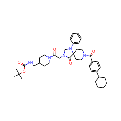 CC(C)(C)OC(=O)NCC1CCN(C(=O)CN2CN(c3ccccc3)C3(CCN(C(=O)c4ccc(C5CCCCC5)cc4)CC3)C2=O)CC1 ZINC000072114042