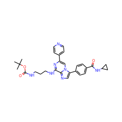 CC(C)(C)OC(=O)NCCCNc1nc(-c2ccncc2)cn2c(-c3ccc(C(=O)NC4CC4)cc3)cnc12 ZINC000200675369