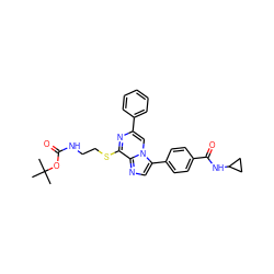 CC(C)(C)OC(=O)NCCSc1nc(-c2ccccc2)cn2c(-c3ccc(C(=O)NC4CC4)cc3)cnc12 ZINC000199346788