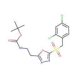 CC(C)(C)OC(=O)NCCc1nnc(S(=O)(=O)Cc2ccc(Cl)cc2Cl)o1 ZINC000002419575