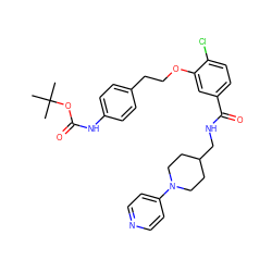 CC(C)(C)OC(=O)Nc1ccc(CCOc2cc(C(=O)NCC3CCN(c4ccncc4)CC3)ccc2Cl)cc1 ZINC000014953469