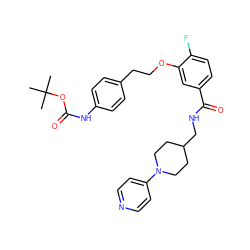 CC(C)(C)OC(=O)Nc1ccc(CCOc2cc(C(=O)NCC3CCN(c4ccncc4)CC3)ccc2F)cc1 ZINC000014953474