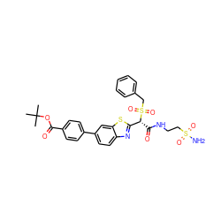 CC(C)(C)OC(=O)c1ccc(-c2ccc3nc([C@@H](C(=O)NCCS(N)(=O)=O)S(=O)(=O)Cc4ccccc4)sc3c2)cc1 ZINC000145509075