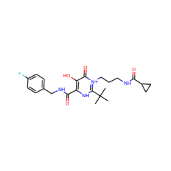 CC(C)(C)c1[nH]c(C(=O)NCc2ccc(F)cc2)c(O)c(=O)[n+]1CCCNC(=O)C1CC1 ZINC000377853412