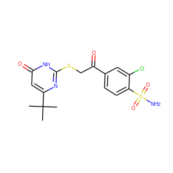 CC(C)(C)c1cc(=O)[nH]c(SCC(=O)c2ccc(S(N)(=O)=O)c(Cl)c2)n1 ZINC000096940237