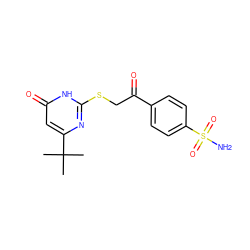 CC(C)(C)c1cc(=O)[nH]c(SCC(=O)c2ccc(S(N)(=O)=O)cc2)n1 ZINC000084602490