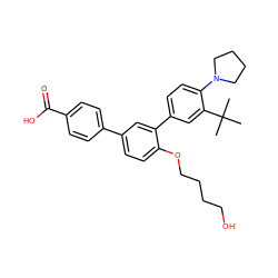 CC(C)(C)c1cc(-c2cc(-c3ccc(C(=O)O)cc3)ccc2OCCCCO)ccc1N1CCCC1 ZINC000113702089