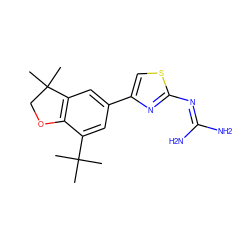 CC(C)(C)c1cc(-c2csc(N=C(N)N)n2)cc2c1OCC2(C)C ZINC000027103570