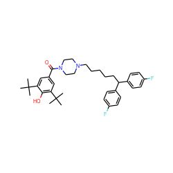 CC(C)(C)c1cc(C(=O)N2CCN(CCCCCC(c3ccc(F)cc3)c3ccc(F)cc3)CC2)cc(C(C)(C)C)c1O ZINC000084759504