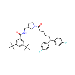 CC(C)(C)c1cc(C(=O)NC[C@@H]2CCN(C(=O)CCCCC(c3ccc(F)cc3)c3ccc(F)cc3)C2)cc(C(C)(C)C)c1 ZINC000006717450