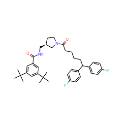 CC(C)(C)c1cc(C(=O)NC[C@H]2CCN(C(=O)CCCCC(c3ccc(F)cc3)c3ccc(F)cc3)C2)cc(C(C)(C)C)c1 ZINC000014192257