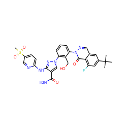 CC(C)(C)c1cc(F)c2c(=O)n(-c3cccc(-n4cc(C(N)=O)c(Nc5ccc(S(C)(=O)=O)cn5)n4)c3CO)ncc2c1 ZINC000143550745