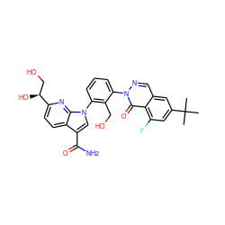 CC(C)(C)c1cc(F)c2c(=O)n(-c3cccc(-n4cc(C(N)=O)c5ccc([C@@H](O)CO)nc54)c3CO)ncc2c1 ZINC000143546845