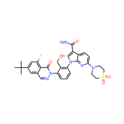 CC(C)(C)c1cc(F)c2c(=O)n(-c3cccc(-n4cc(C(N)=O)c5ccc(N6CCS(=O)(=O)CC6)nc54)c3CO)ncc2c1 ZINC000143574832