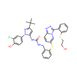 CC(C)(C)c1cc(NC(=O)NCc2ccccc2Sc2ccc3nnc(-c4ccccc4SCCO)n3c2)n(-c2ccc(O)c(Cl)c2)n1 ZINC000082138051