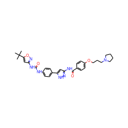 CC(C)(C)c1cc(NC(=O)Nc2ccc(-c3cc(NC(=O)c4ccc(OCCCN5CCCC5)cc4)n[nH]3)cc2)no1 ZINC000205300980