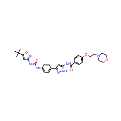 CC(C)(C)c1cc(NC(=O)Nc2ccc(-c3cc(NC(=O)c4ccc(OCCN5CCOCC5)cc4)[nH]n3)cc2)no1 ZINC000096270659