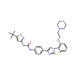 CC(C)(C)c1cc(NC(=O)Nc2ccc(-c3cn4c(n3)sc3cccc(OCCN5CCOCC5)c34)cc2)no1 ZINC000049708797