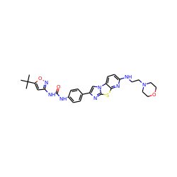 CC(C)(C)c1cc(NC(=O)Nc2ccc(-c3cn4c(n3)sc3nc(NCCN5CCOCC5)ccc34)cc2)no1 ZINC000148914056