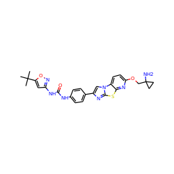 CC(C)(C)c1cc(NC(=O)Nc2ccc(-c3cn4c(n3)sc3nc(OCC5(N)CC5)ccc34)cc2)no1 ZINC000148932679