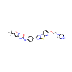 CC(C)(C)c1cc(NC(=O)Nc2ccc(-c3cn4c(n3)sc3nc(OCCN5C[C@@H]6C[C@H]5CN6)ccc34)cc2)no1 ZINC000206711502