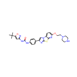 CC(C)(C)c1cc(NC(=O)Nc2ccc(-c3cn4c(n3)sc3nc(OCCN5CCNCC5)ccc34)cc2)no1 ZINC000148919123