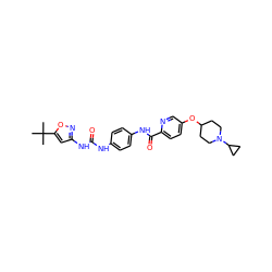 CC(C)(C)c1cc(NC(=O)Nc2ccc(NC(=O)c3ccc(OC4CCN(C5CC5)CC4)cn3)cc2)no1 ZINC000095559855