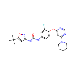 CC(C)(C)c1cc(NC(=O)Nc2ccc(Oc3cc(N4CCCCC4)ncn3)c(F)c2)no1 ZINC001772653695