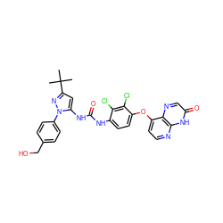 CC(C)(C)c1cc(NC(=O)Nc2ccc(Oc3ccnc4[nH]c(=O)cnc34)c(Cl)c2Cl)n(-c2ccc(CO)cc2)n1 ZINC000261094940