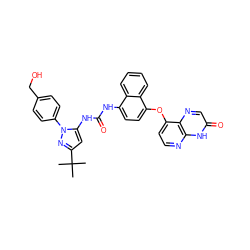 CC(C)(C)c1cc(NC(=O)Nc2ccc(Oc3ccnc4[nH]c(=O)cnc34)c3ccccc23)n(-c2ccc(CO)cc2)n1 ZINC000199094512