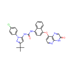 CC(C)(C)c1cc(NC(=O)Nc2ccc(Oc3ccnc4[nH]c(=O)cnc34)c3ccccc23)n(-c2ccc(Cl)cc2)n1 ZINC000199100212