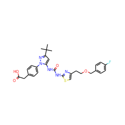 CC(C)(C)c1cc(NC(=O)Nc2nc(CCOCc3ccc(F)cc3)cs2)n(-c2ccc(CC(=O)O)cc2)n1 ZINC000089469526