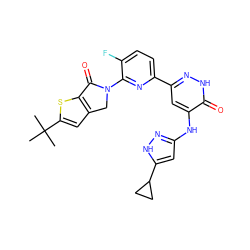 CC(C)(C)c1cc2c(s1)C(=O)N(c1nc(-c3cc(Nc4cc(C5CC5)[nH]n4)c(=O)[nH]n3)ccc1F)C2 ZINC000199975905