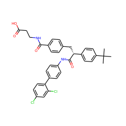 CC(C)(C)c1ccc([C@@H](Cc2ccc(C(=O)NCCC(=O)O)cc2)C(=O)Nc2ccc(-c3ccc(Cl)cc3Cl)cc2)cc1 ZINC000026173188