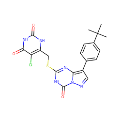 CC(C)(C)c1ccc(-c2cnn3c(=O)[nH]c(SCc4[nH]c(=O)[nH]c(=O)c4Cl)nc23)cc1 ZINC000103288818